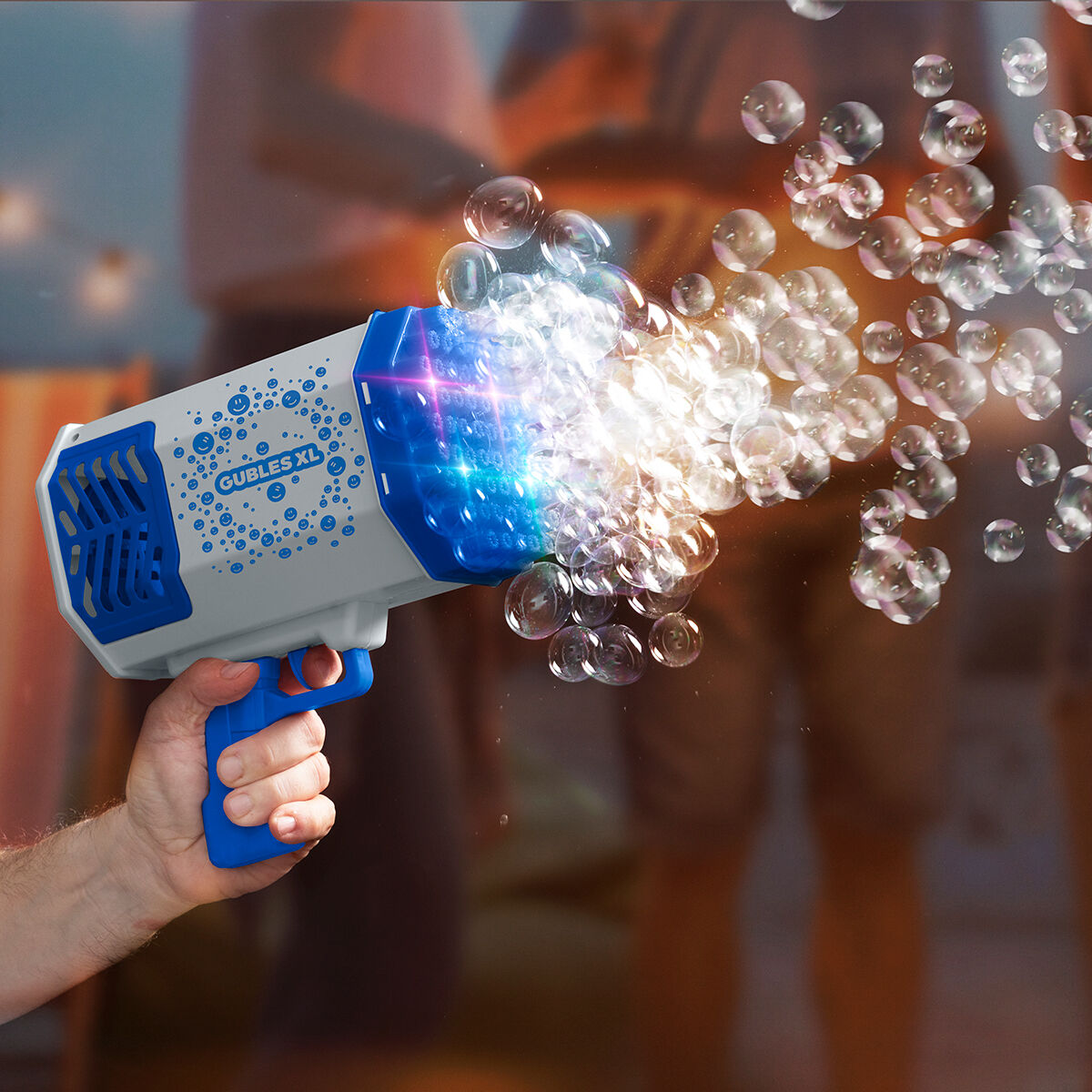 Pistola de burbujas gigante XL con luces LED para divertirse al aire libre